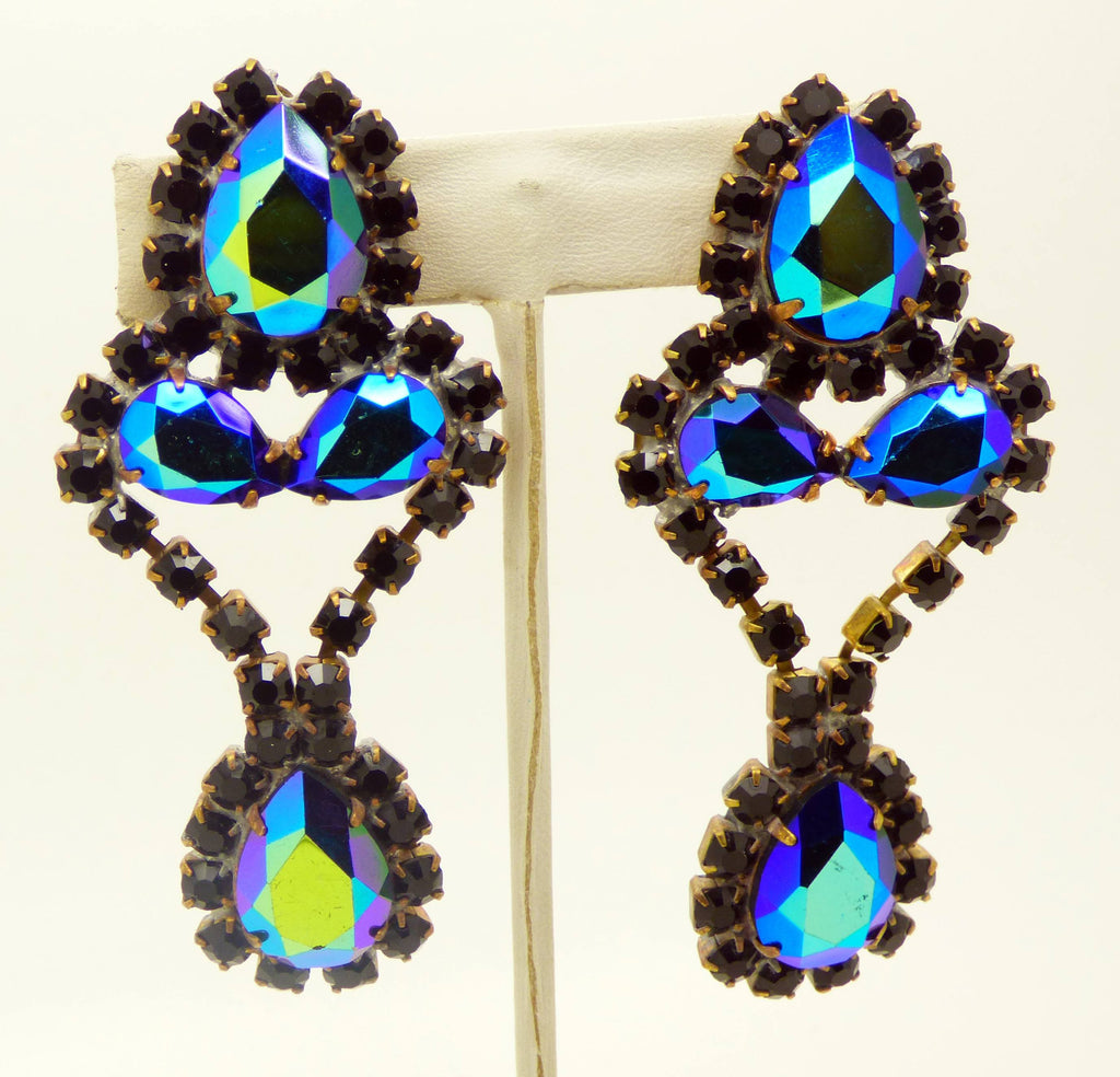 Bijoux MG Black Borealis Czech Glass Rhinestone Necklace and Clip Earrings - Vintage Lane Jewelry