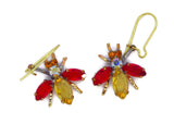 Czech Glass Rhinestone Fly Earrings Yellow Body and Red Wings, Pierced Style Earrings - Vintage Lane Jewelry
