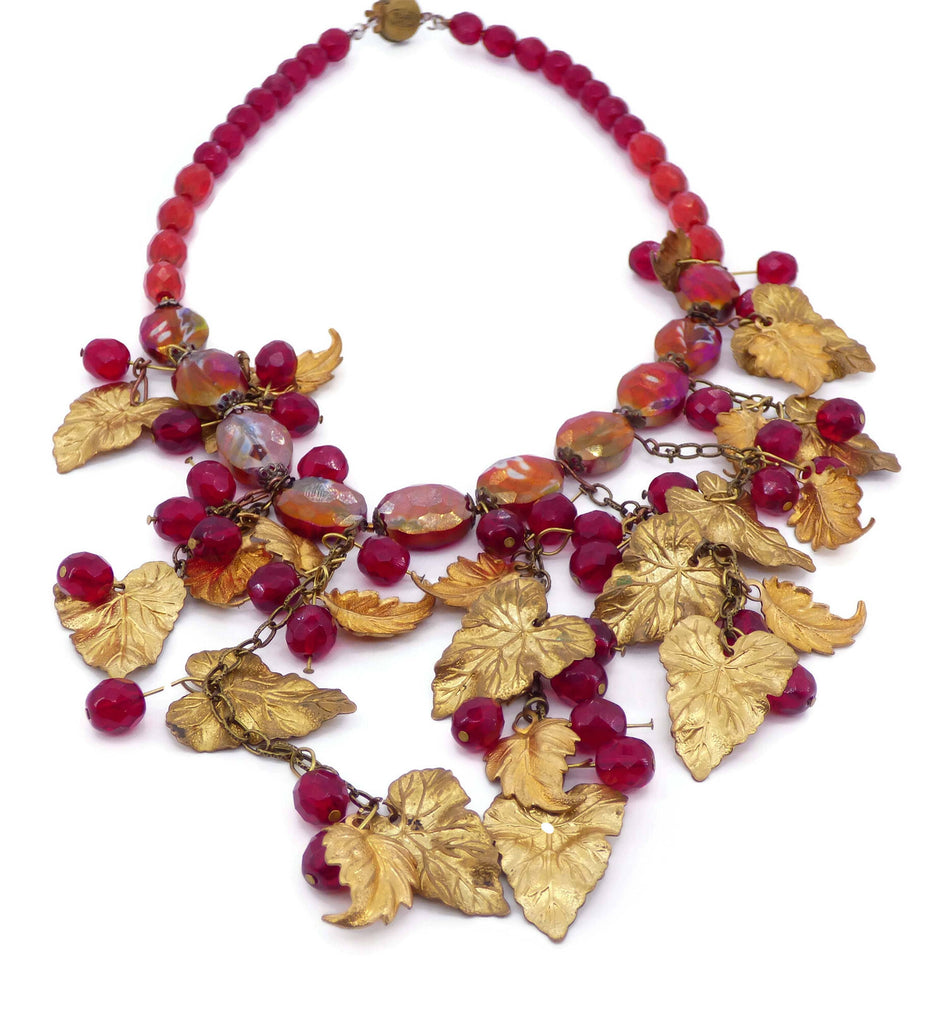 Miriam Haskell Red Beaded Gold Leaf Necklace - Vintage Lane Jewelry