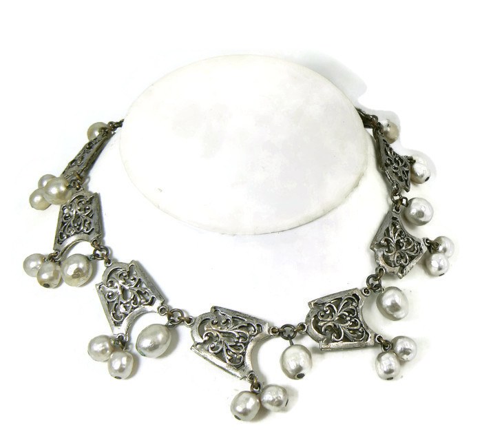 Miriam Haskell Baroque Pearl and Silver Filigree Festoon Necklace - Vintage Lane Jewelry