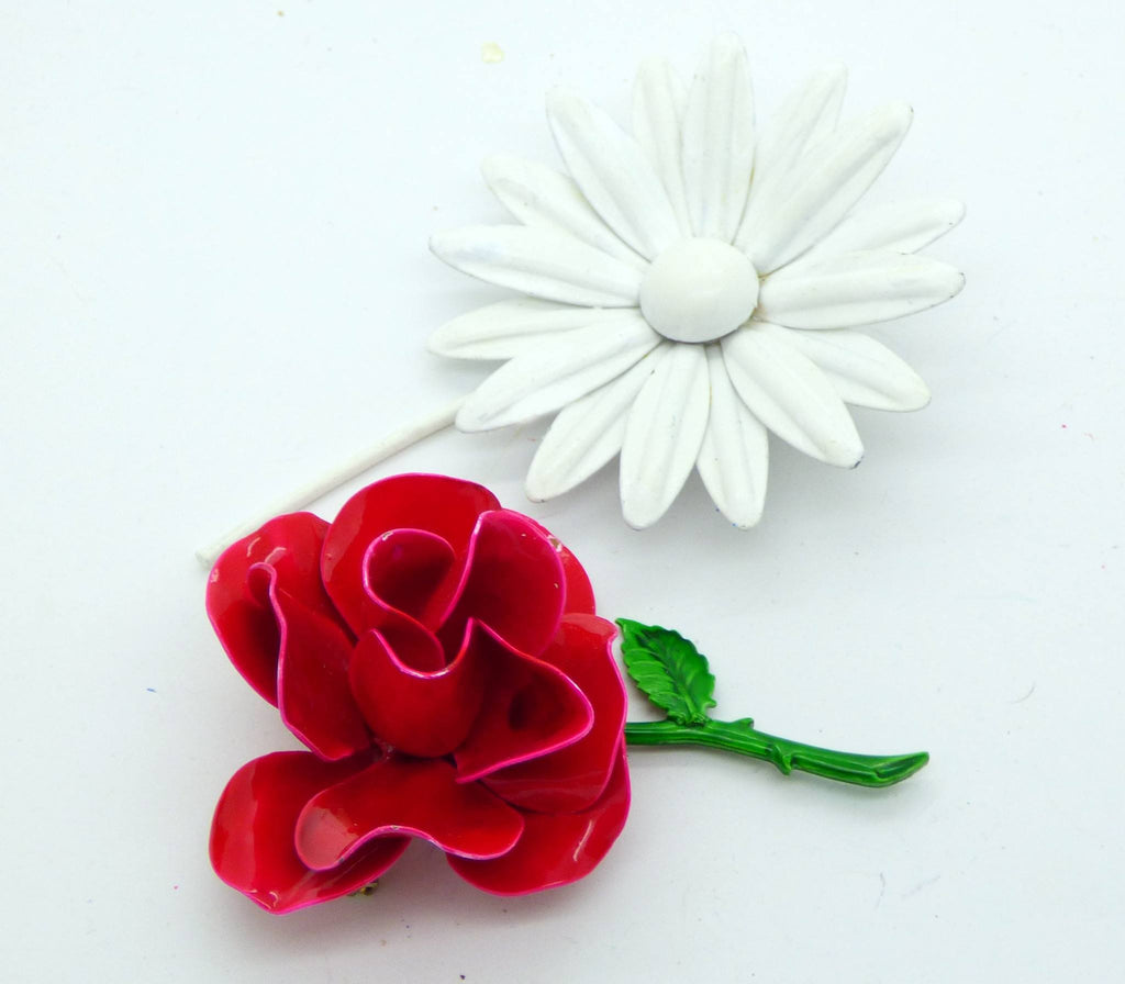 Vintage Enamel Flower Pins, Brooch Lot, Reds and Whites - Vintage Lane Jewelry