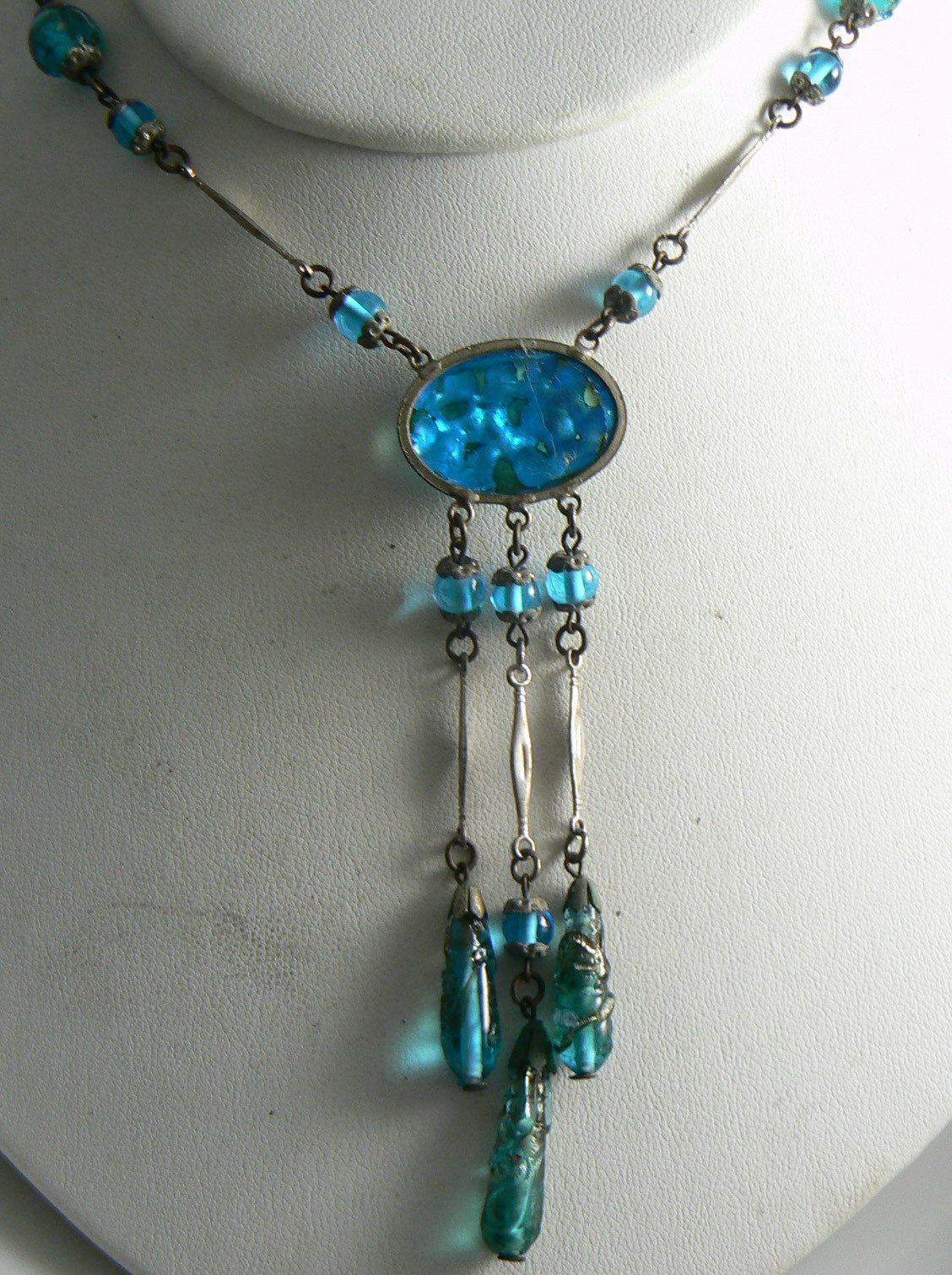 Vintage Art Deco Aqua Blue Foil Glass Drop Necklace Czech - Vintage ...