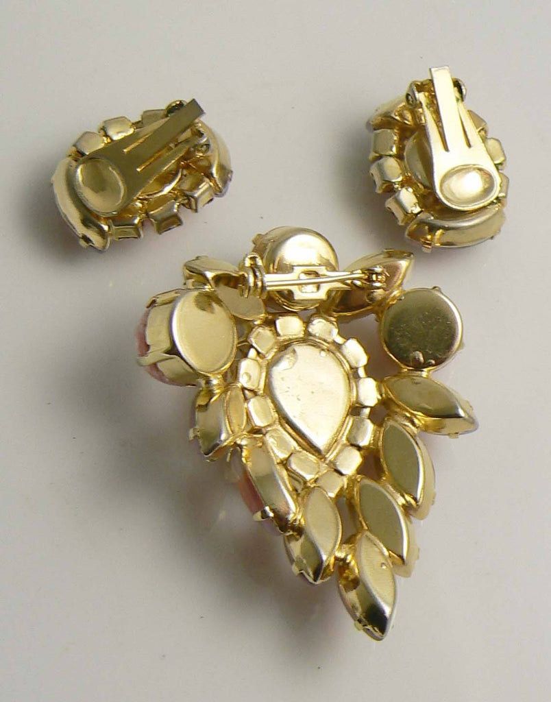 Vintage Juliana Art Glass Rhinestone Brooch & Clip Earrings - Vintage Lane Jewelry