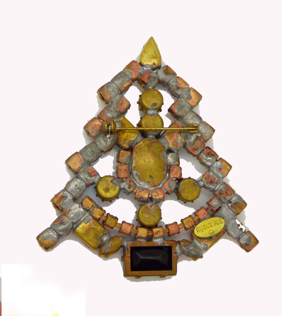 Czech Glass Christmas Tree Pin, Rhinestone Brooch - Vintage Lane Jewelry