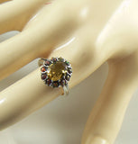 Victorian Revival Natural Citrine, Red Fire Opals Sterling Silver Filigree Ring - Vintage Lane Jewelry