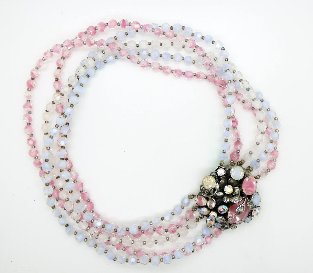 Vintage Vendome Pink, Blue Art Glass Aurora Borealis Rhinestone 5 Strand Necklace - Vintage Lane Jewelry