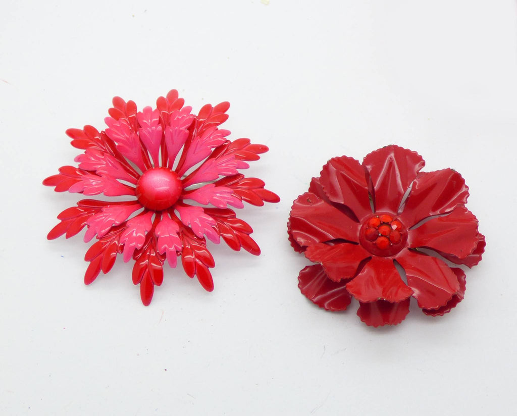 Vintage Enamel Flower Pins, Brooch Lot, Reds and Whites - Vintage Lane Jewelry