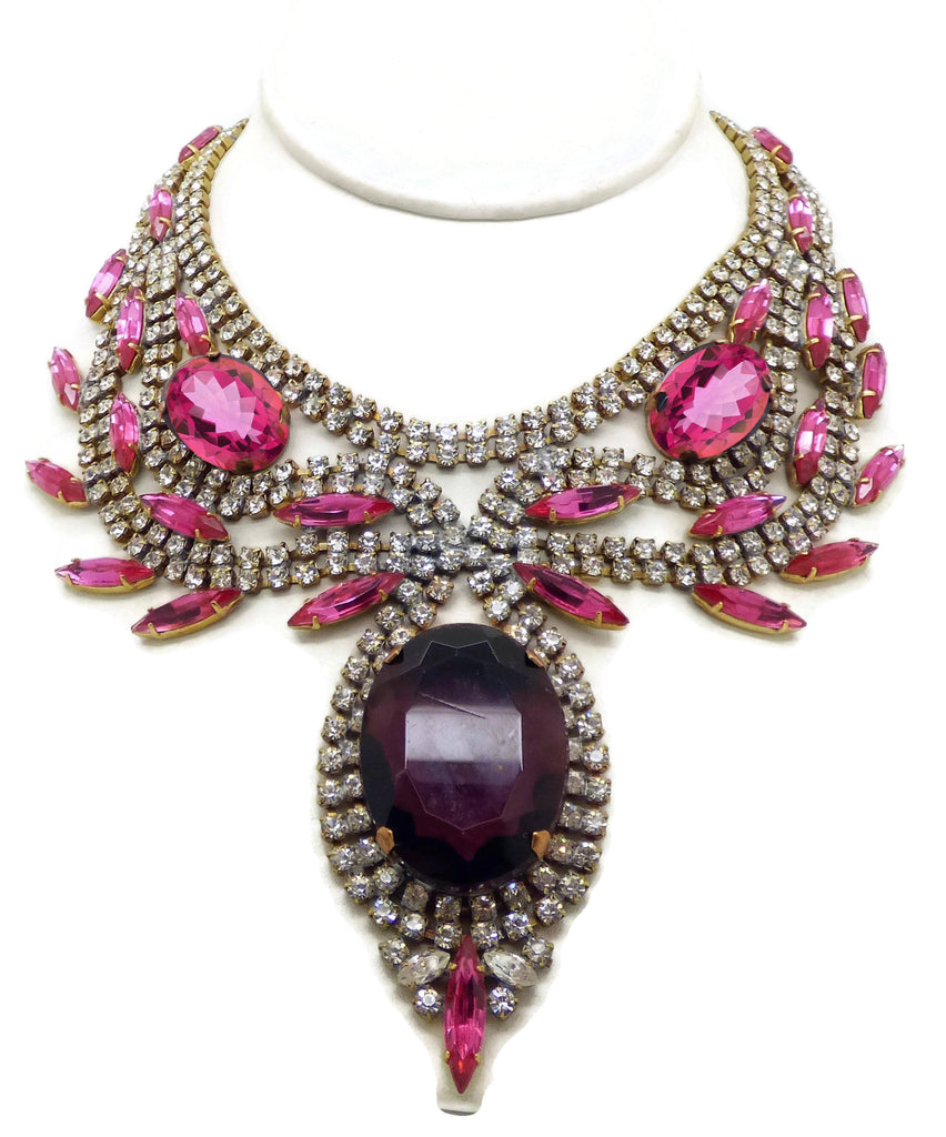 Statement Necklace Husar D. Pink, Purple and Clear Rhinestones - Vintage Lane Jewelry