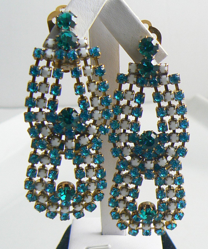 Czech Glass Blue White Rhinestone Dangle Clip Earrings - Vintage Lane Jewelry