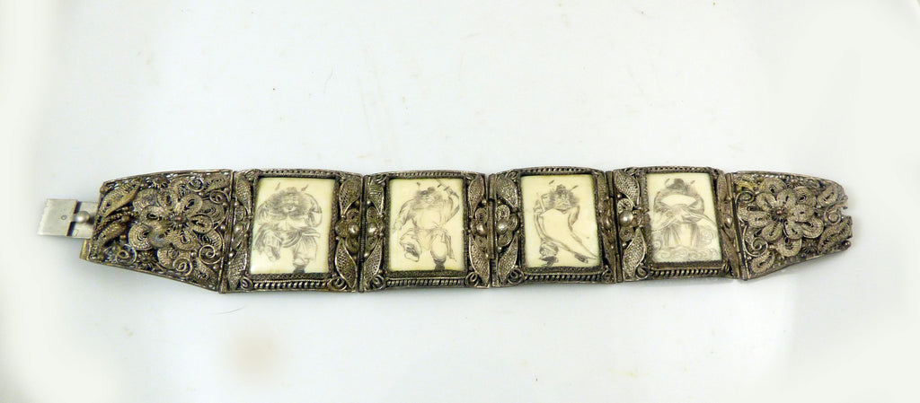 Antique Chinese Export Ox Bone Silver Filigree Warrior Scrimshaw Bracelet - Vintage Lane Jewelry