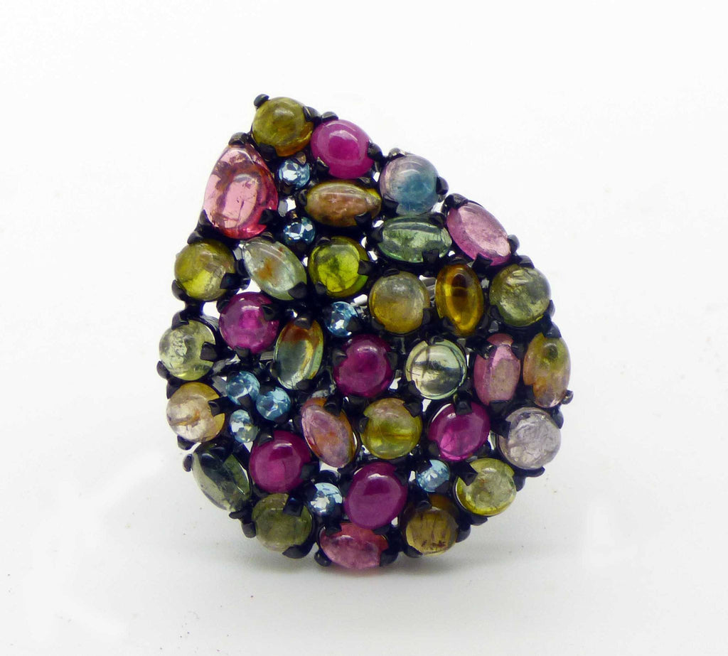 Huge Tourmaline, Blue Topaz and Ruby Black Rhodium Plated over Sterling Silver Ring, Size 7.5. - Vintage Lane Jewelry