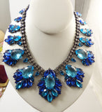 Blue Rhinestone Czech Glass Japanned Metal Statement Necklace - Vintage Lane Jewelry