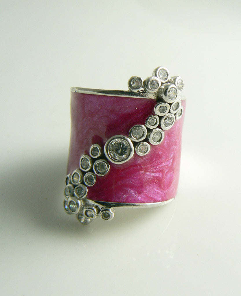 Sterling Silver 925 Pink Enamel Genuine White Topaz Pink Enamel Ring - Vintage Lane Jewelry