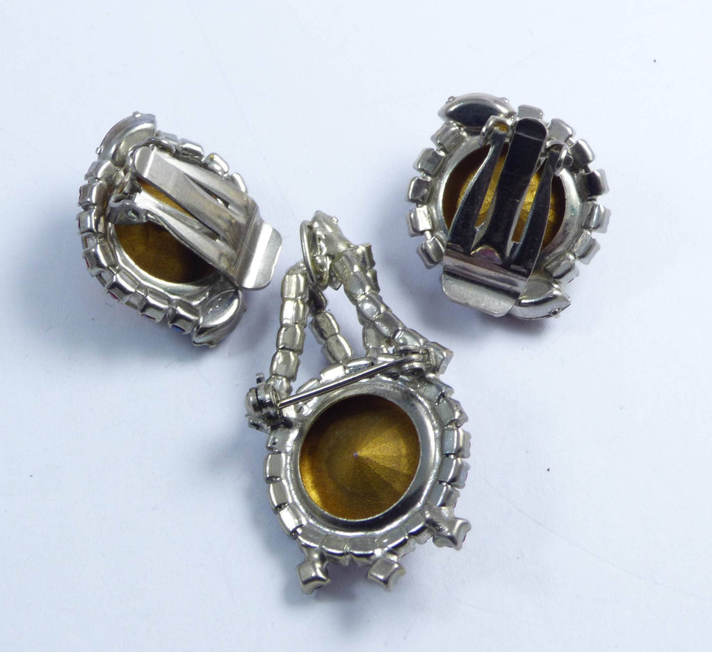 Siam Red AB Rhinestones Reddish Blue Rivoli Stones Brooch Pendant and Clip Earrings - Vintage Lane Jewelry