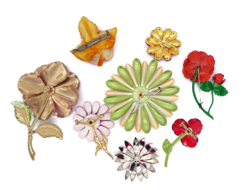 Shades of Red Enamel Flower Lot, 8 pins, Flower Brooches - Vintage Lane Jewelry