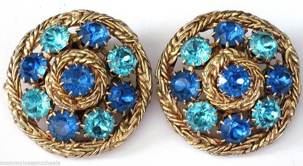 Hattie Carnegie Blue Rhinestone Gold Mesh Necklace Clip Earrings Set - Vintage Lane Jewelry