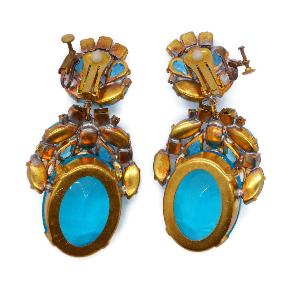 Czech Glass Massive Dangling Clip Earrings Aqua Blue and Clear Stones - Vintage Lane Jewelry