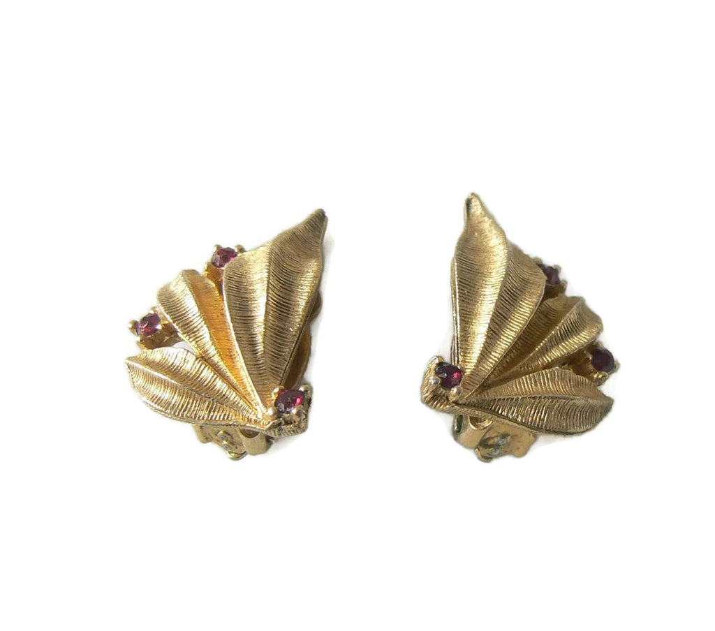 Signed Ciner Gold Tone And Red Rhinestone Earrings - Vintage Lane Jewelry