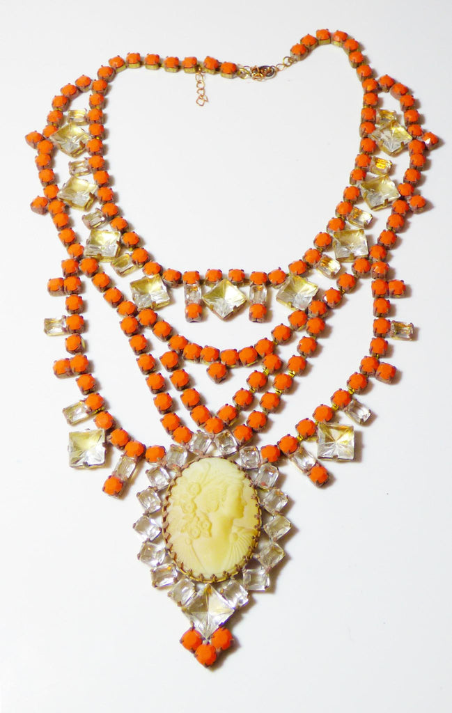 Czech Statement Orange Opaque Rhinestone Glass Cameo Necklace - Vintage Lane Jewelry