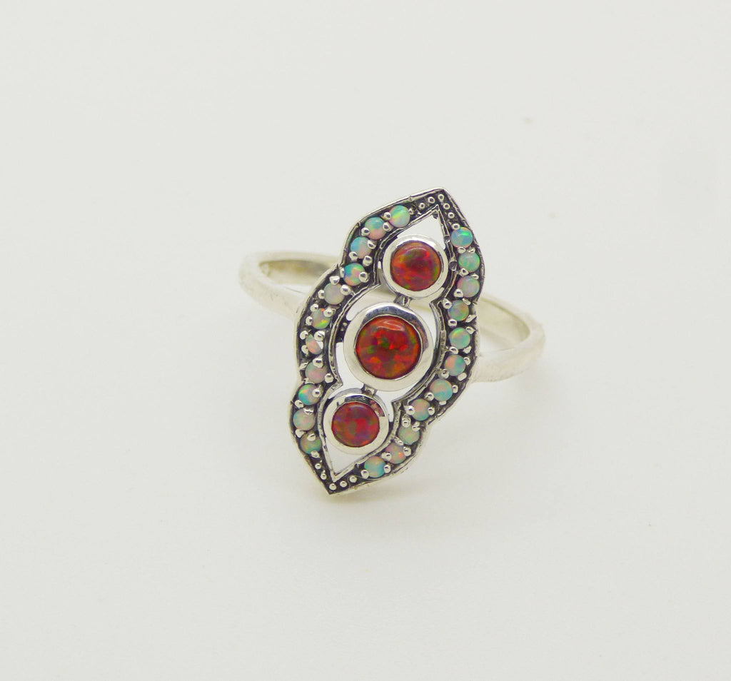 Art Deco Opal Ring, Australian Opals and Fire Opals, Size 8 - Vintage Lane Jewelry