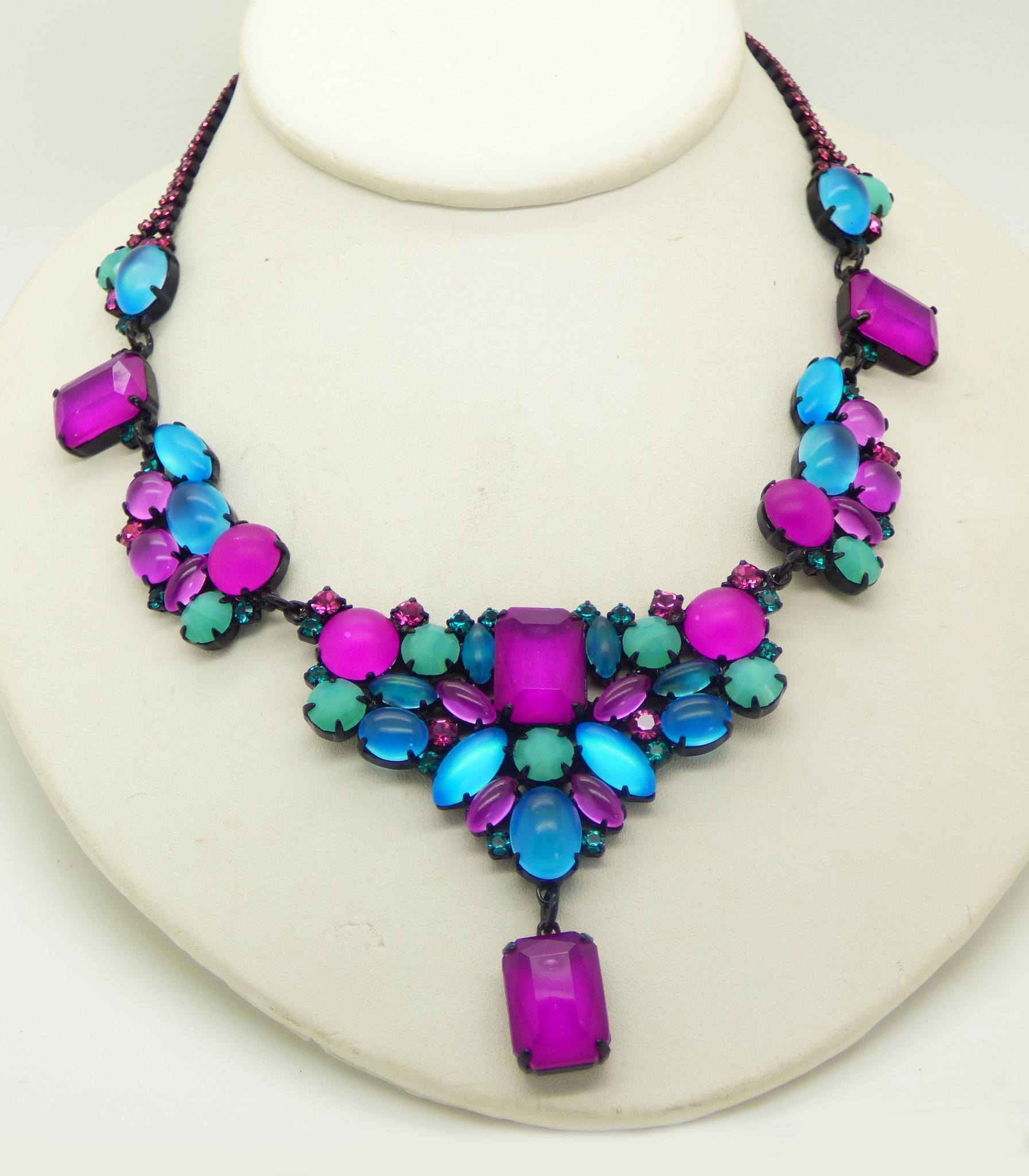 Purple, Pink and Aqua Neon Czech Glass Japanned Necklace and Clip ...