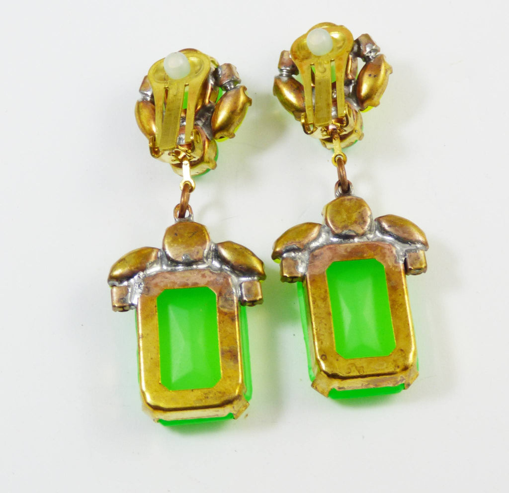 Czech Neon Green Clip Earrings - Vintage Lane Jewelry