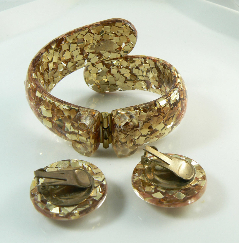 Gold Confetti and Sea Shell Lucite Clamper and Earring Set - Vintage Lane Jewelry