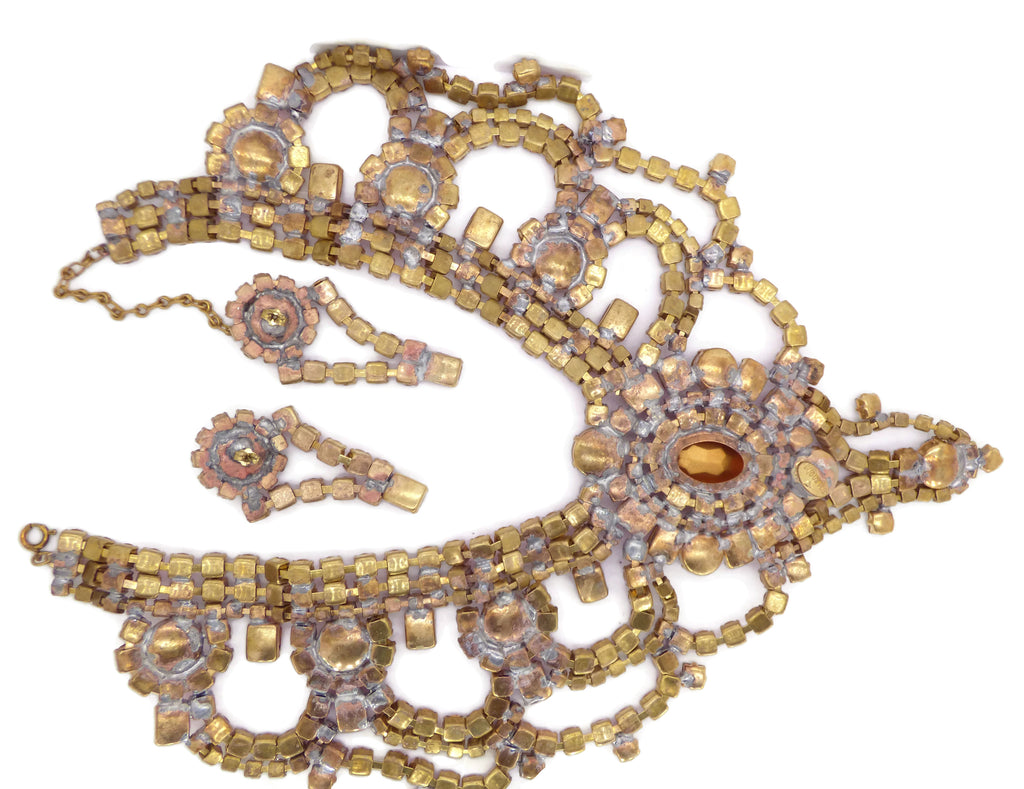 Pink Rhinestone Czech Glass Bijoux MG Necklace and Earrings - Vintage Lane Jewelry