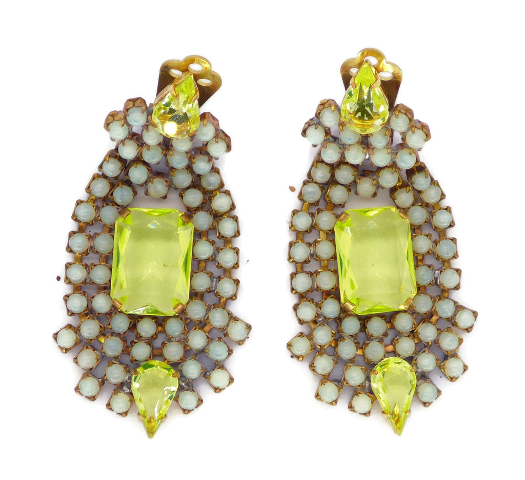 Vaseline Uranium Czech Glass Clip Earrings - Vintage Lane Jewelry