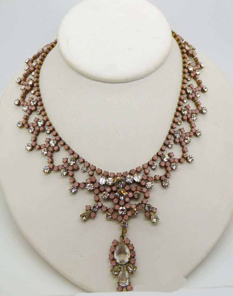 Husar D Opaque Pink and Clear Czech Glass Rhinestone Necklace - Vintage Lane Jewelry