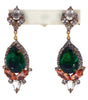 Czech Glass Clear Rhinestone Emerald Green Dangling Clip Earrings - Vintage Lane Jewelry