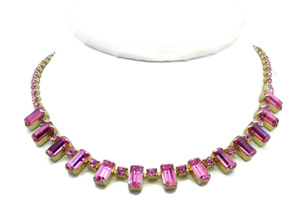 Pink Baguette Rhinestone Necklace and Earrings - Vintage Lane Jewelry