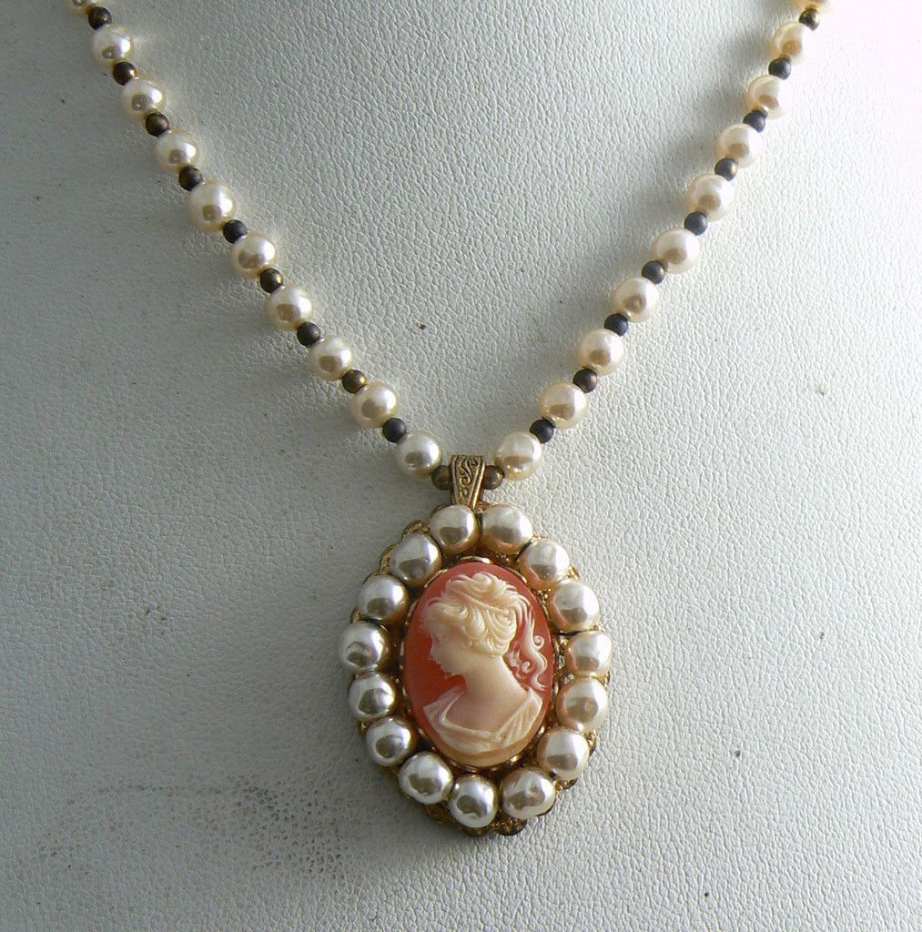 Miriam Haskell Glass Pearl Cameo Necklace - Vintage Lane Jewelry
