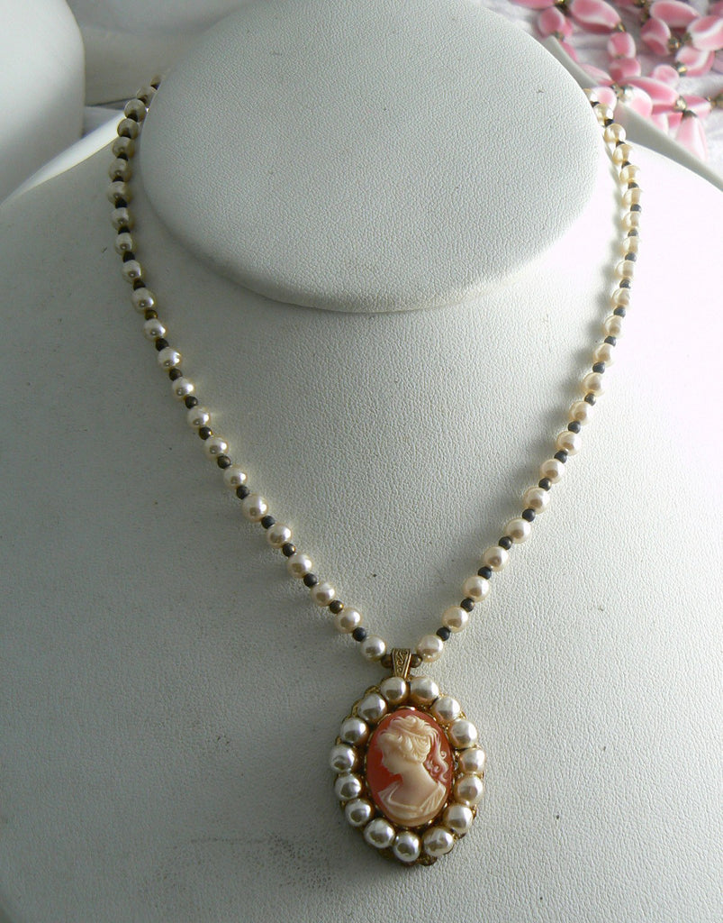 Miriam Haskell Glass Pearl Cameo Necklace - Vintage Lane Jewelry