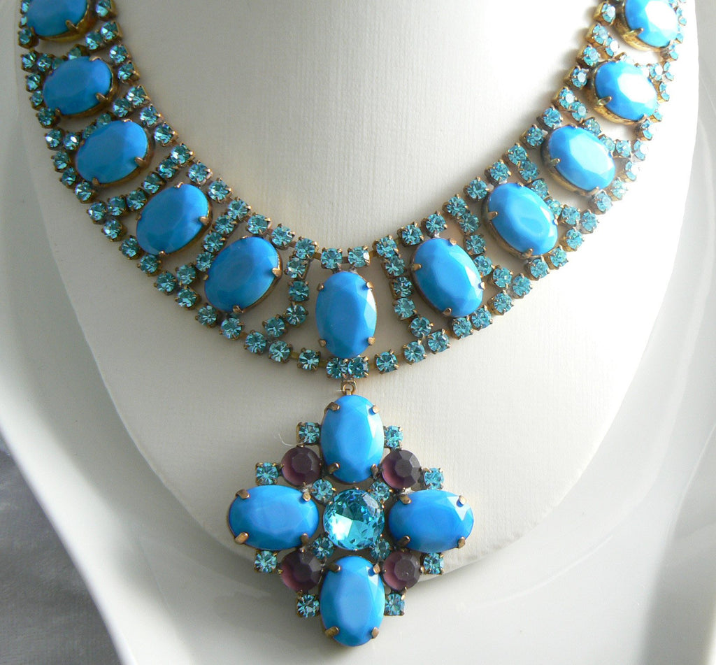 Czech Glass Opaque Blue Rhinestone Taboo Necklace - Vintage Lane Jewelry