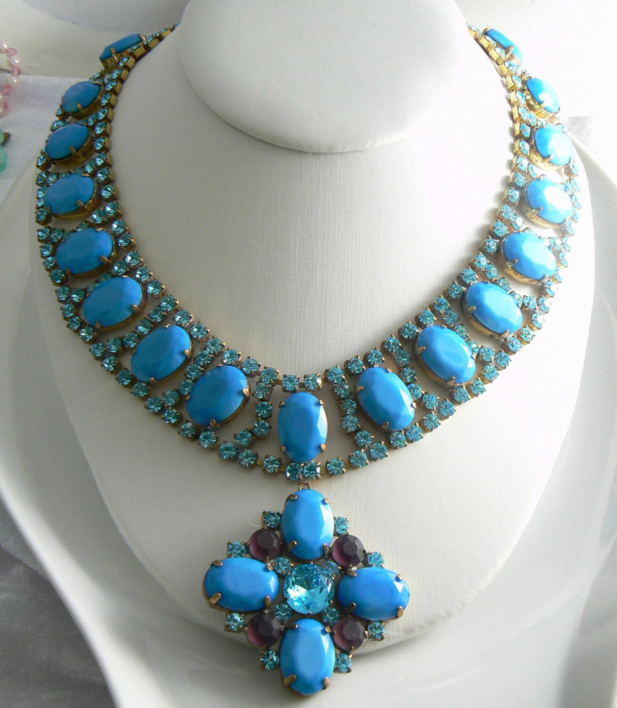 Czech Glass Opaque Blue Rhinestone Taboo Necklace - Vintage Lane Jewelry
