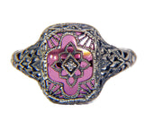 Art Deco Rose Glass Sterling Silver Filigree Revival Ring - Vintage Lane Jewelry
