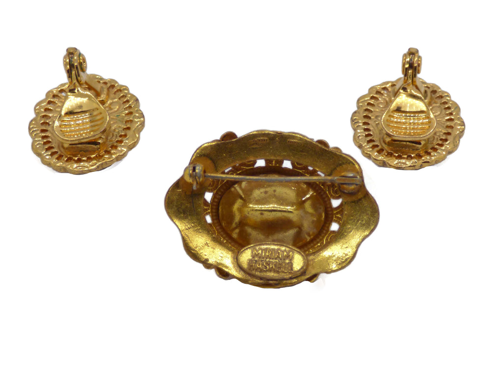 Miriam Haskell Russian Gold Black Glass Demi Parure - Vintage Lane Jewelry