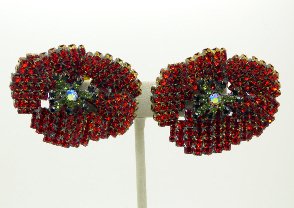 Red Poppy Rhinestone Czech Clip Earrings - Vintage Lane Jewelry