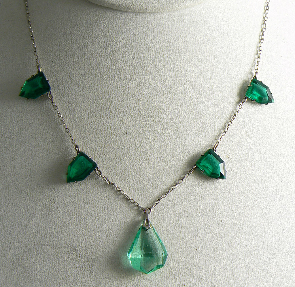 Vintage Sterling Silver Art Deco Emerald Green Glass Necklace - Vintage Lane Jewelry