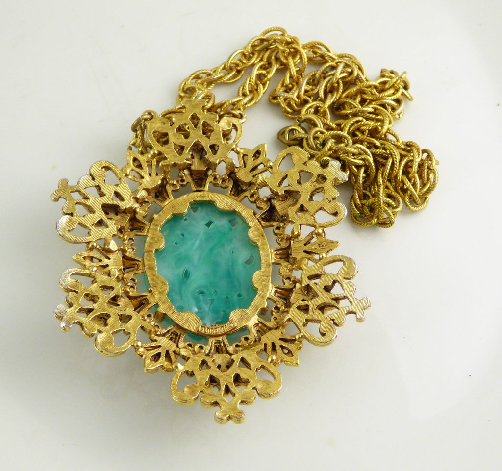 Vintage Florenza Molded Jade Glass Pendant Necklace, Asian Style - Vintage Lane Jewelry