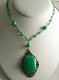 Czech Peking Green Glass Bead Necklace with Pendant - Vintage Lane Jewelry