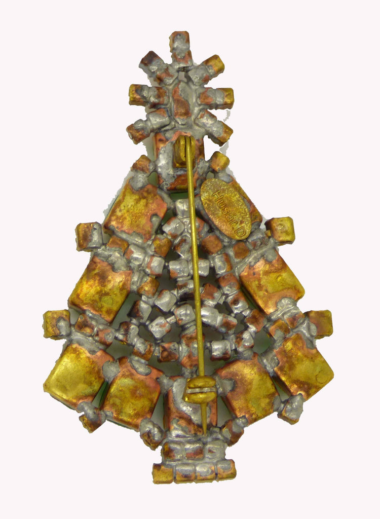Czech Glass Green Rhinestone Husar D. Signed Christmas Tree Pin, X-mas pin, Holiday Brooch - Vintage Lane Jewelry
