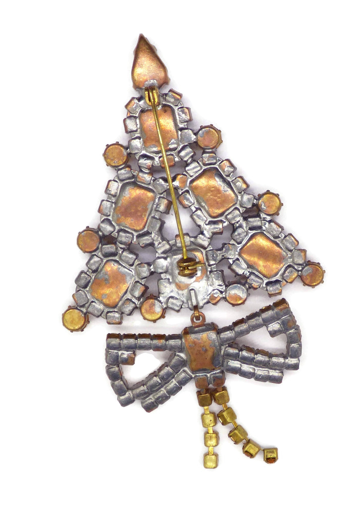 Czech Glass Gold Rhinestone Christmas Tree Brooch with Dangling Ribbon - Vintage Lane Jewelry