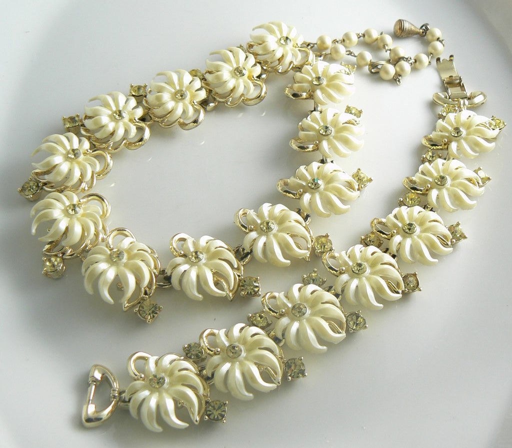 Yellow lucite flowers jonquil rhinestones necklace bracelet set - Vintage Lane Jewelry