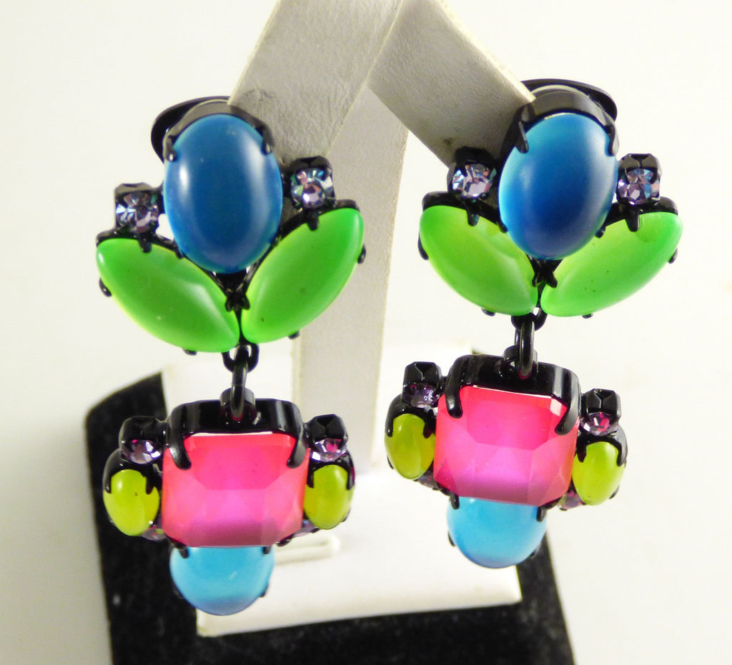 Czech Multicolored Pastel Neon Clip Earrings - Vintage Lane Jewelry