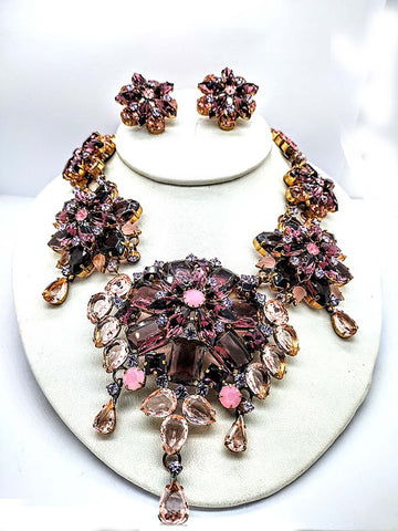 Early Miriam Haskell Lavender Art Glass, Rhinestone, Seed Pearl Necklace and Earrings
