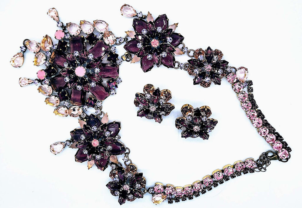 Huge Deep Purple Czech Glass Statement Necklace and Earrings - Vintage Lane Jewelry