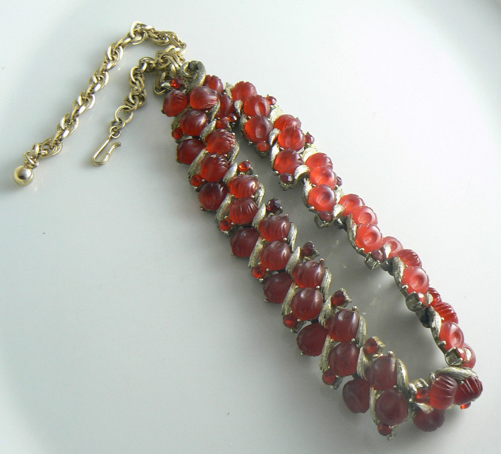 Lisner Red Jelly Belly Cabs Rhinestone Necklace - Vintage Lane Jewelry