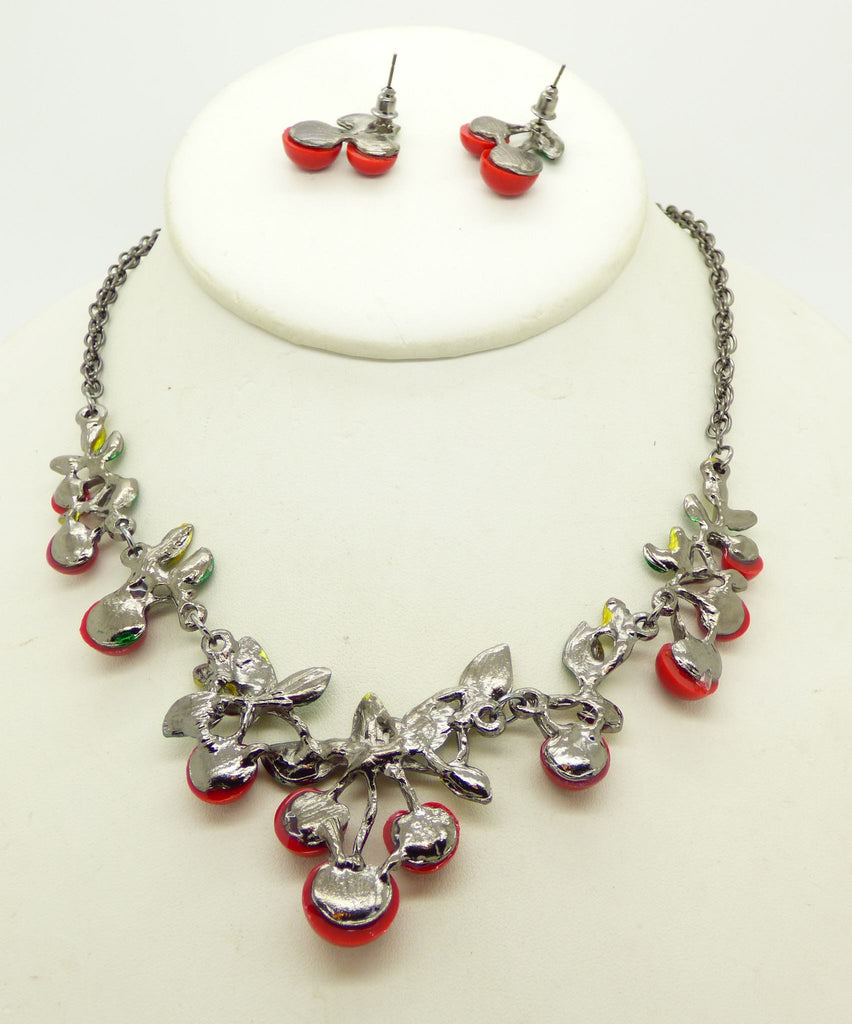 Red Enamel Cherries, Green Enamel Leaves Gun Metal Necklace and Pierced Style Earrings - Vintage Lane Jewelry